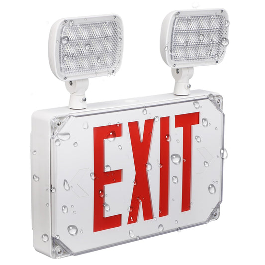 LEONLITE LED Exit Light, Wet Location Exit Sign with Emergency Lights, UL Listed, Outdoor Hardwired Exit with Battery Backup, 2 Dual Heads, Double Face, AC 120/277V, Red