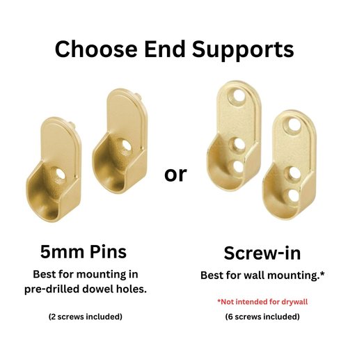 Custom size oval closet rod with choice of end support (Matte Brass)