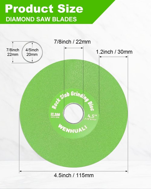 WENHUALI 4.5 Inch Diamond Rock Slab Grinding & Cutting Disc - 3 Pcs Angle Grinder Blade with 7/8" Arbor for Marble, Quartz, Ceramic, Glass, Tile, Jade & Rock Slab Trimming
