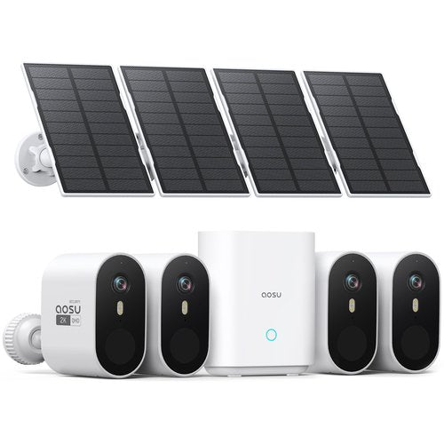 AOSU Solar Security Cameras Wireless Outdoor, 2K QHD Home Security System, 4-Cam Kit with 166° Ultra-Wide View, Cam-to-Cam Sync, 32GB Homebase Local Storage, Color Night Vision, No Monthly Fee