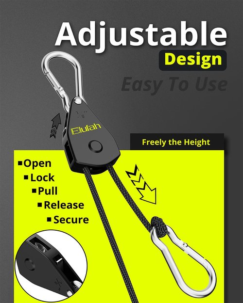 ELUFAH 4-Pack 1/8" Adjustable Retractable, Heavy-Duty Rope Hanger with Reinforced Metal Gear, 10ft Length, 75 lbs Capacity Rope for Hanging Grow Light/Kayak/Camping Tent/Various Tie-Down Work