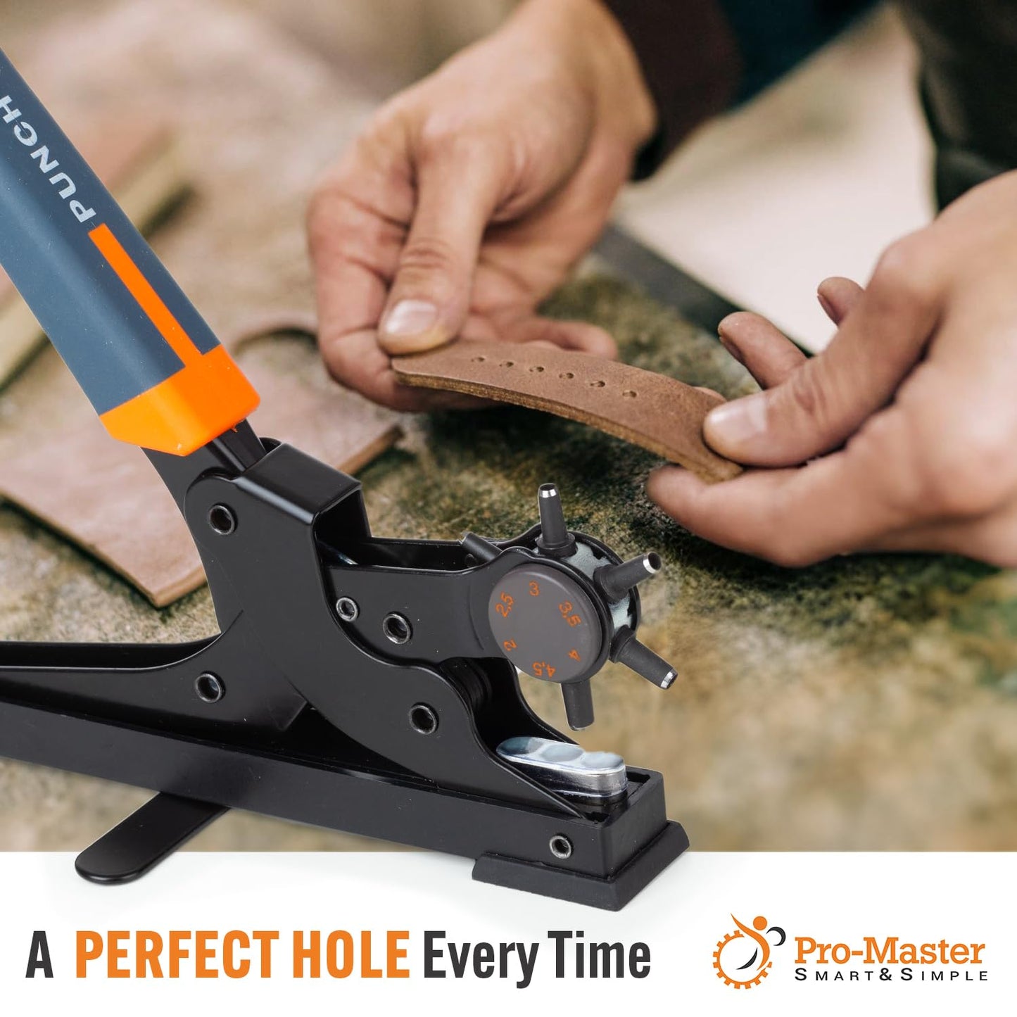 Pro-Master Desktop Leather Hole Puncher - Belt Hole Puncher for Leather with Tabletop Base - One Hand Use, Heavy Duty Carbon Steel, 6 Rotary Sizes 2-4.5mm for Watch Band, Shoes, Bag Strap & Crafts