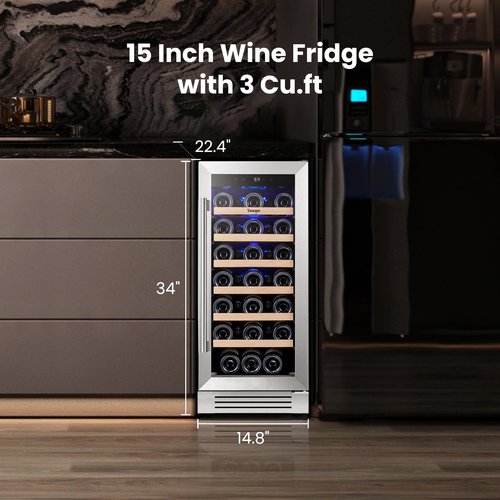 Yeego Wine Fridge - 15 inch 33 Bottles 40-65℉ Temperature Touch Control, Built-In/Under Counter/Freestanding Wine Cooler Refrigerator with Glass Door, Perfect for Bar, Home, Kitchen Cabinet, Office