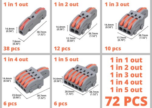 YQSIYU 72 Pcs Lever Nut WireConnectors 1 in 1,2,3,4,5 Out Compact Lever Splicing Wire Connectors Kit, 28-12 AWG Splicing Connector Splitter