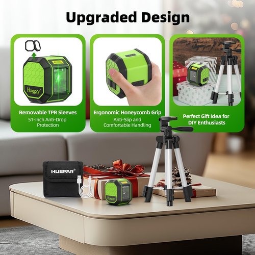 Laser Level with Tripod, HUEPAR 100Ft Self Leveling Laser Level Rechargeable Green Cross Line Laser Leveler Tool for Picture Hanging, Tile, Home Renovation, Carrying Bag Included (25.6 in Tripod)
