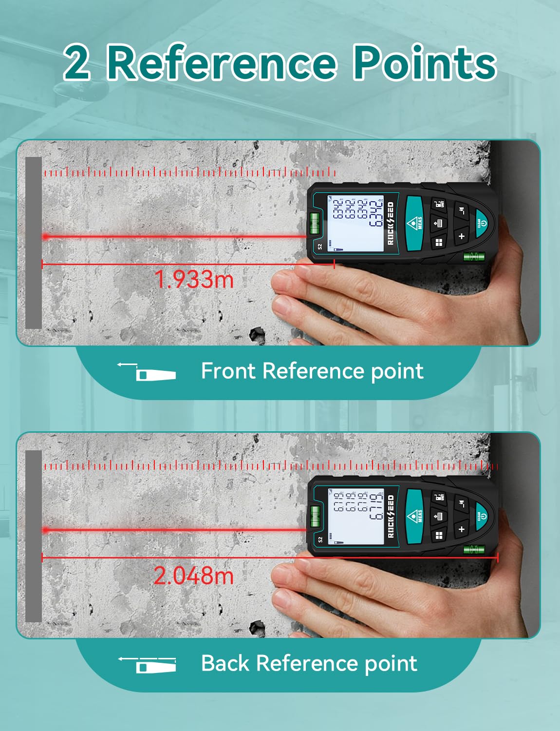 Laser Measure,RockSeed Digital Laser Distance Meter with 2 Bubble Levels,Portable M/in/Ft Unit Switching Backlit LCD and Measuring Distance/Area/Volume/Pythagorean