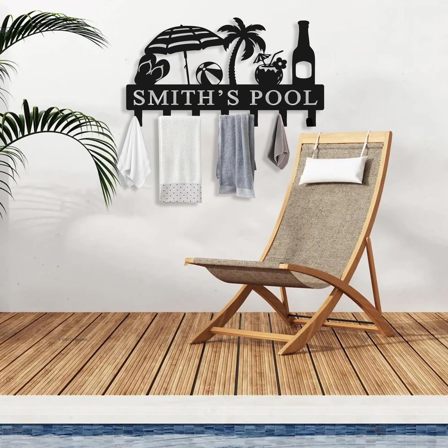 Custom Pool Towel Rack Wall Mount Personalized Name Metal Sign Poolside Towel Hook Outdoor Custom Towel Holder Organizer Pool Accessories for Robe, Towel, Coat, Swimsuit, Umbrella, Bag, Keys