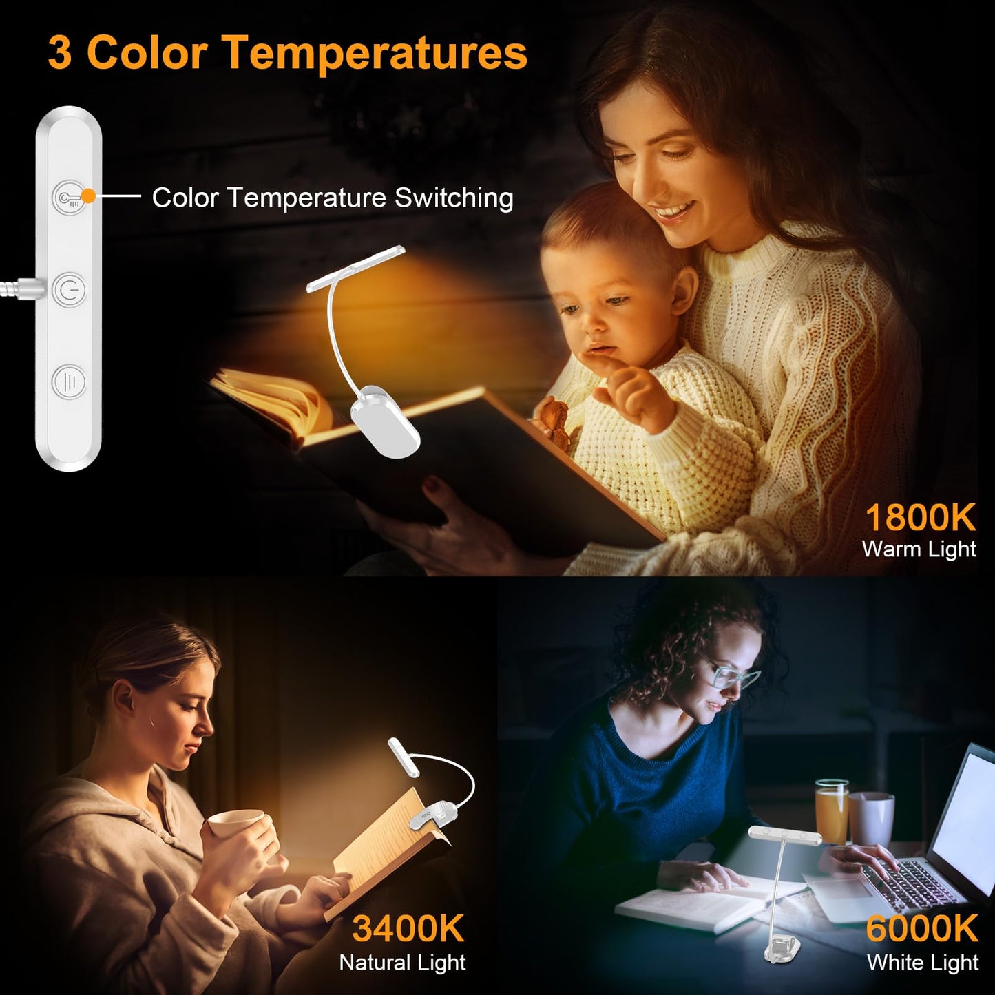 Gritin Rechargeable Book Light for Reading in Bed with 19 LED &Memory Function-Eye Caring 3 Color Temperatures,5 Brightness Levels,90 Hrs Runtime Flexible Goose Neck Clip on Light-White