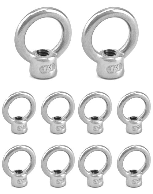 QWORK Lifting Eye Nut, 10 Pack, 1/4" UNC Marine Grade Stainless Steel 316