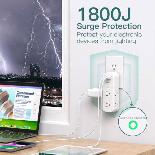 PD 30W Outlet Extender Surge Protector - with Rotating Plug, 6 AC Outlets Splitter 3 USB Ports (2 USB C), 1800J, 3-Side Power Strip Wall Mount, Multi Plug Outlet for College Dorm Travel Essentials