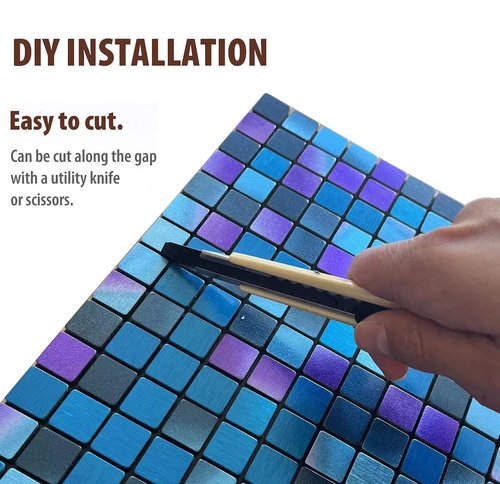 XUANINY Peel and Stick Backsplash Tiles for Kitchen,Bathroom,Fireplace,Self Adhesive Metal Aluminum Mosaic (12"x12") (5, Blue and Purple Mixed)