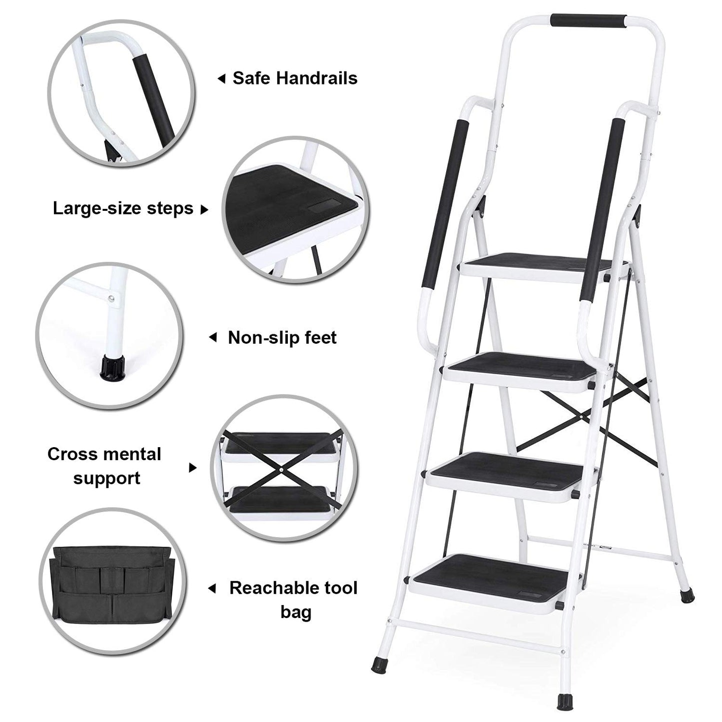 Wiberwi 4 Step Ladder with Handrails 500 lb Capacity Step Stool Folding Portable Ladders for Home Kitchen Steel Frame with Non-Slip Wide Pedal Stepladder with Attachable Tool Bag White