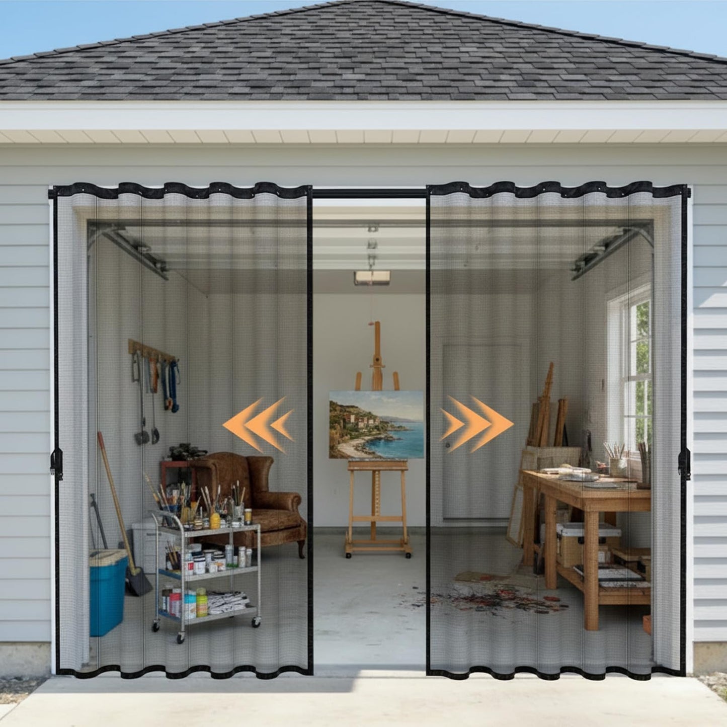 Sliding Garage Door Screen with Track, Garage Screen Doors for 1 Car Garage, 8x7 Ft Retractable Garage Net Screen, Smooth-Gliding, Magnetic Closure, Easy to Install, Black