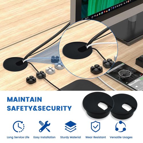 SDTC Tech 3-Pack 1 inch Desk Hole Wire Grommet Black Plastic Cable Cord Cover Organizers