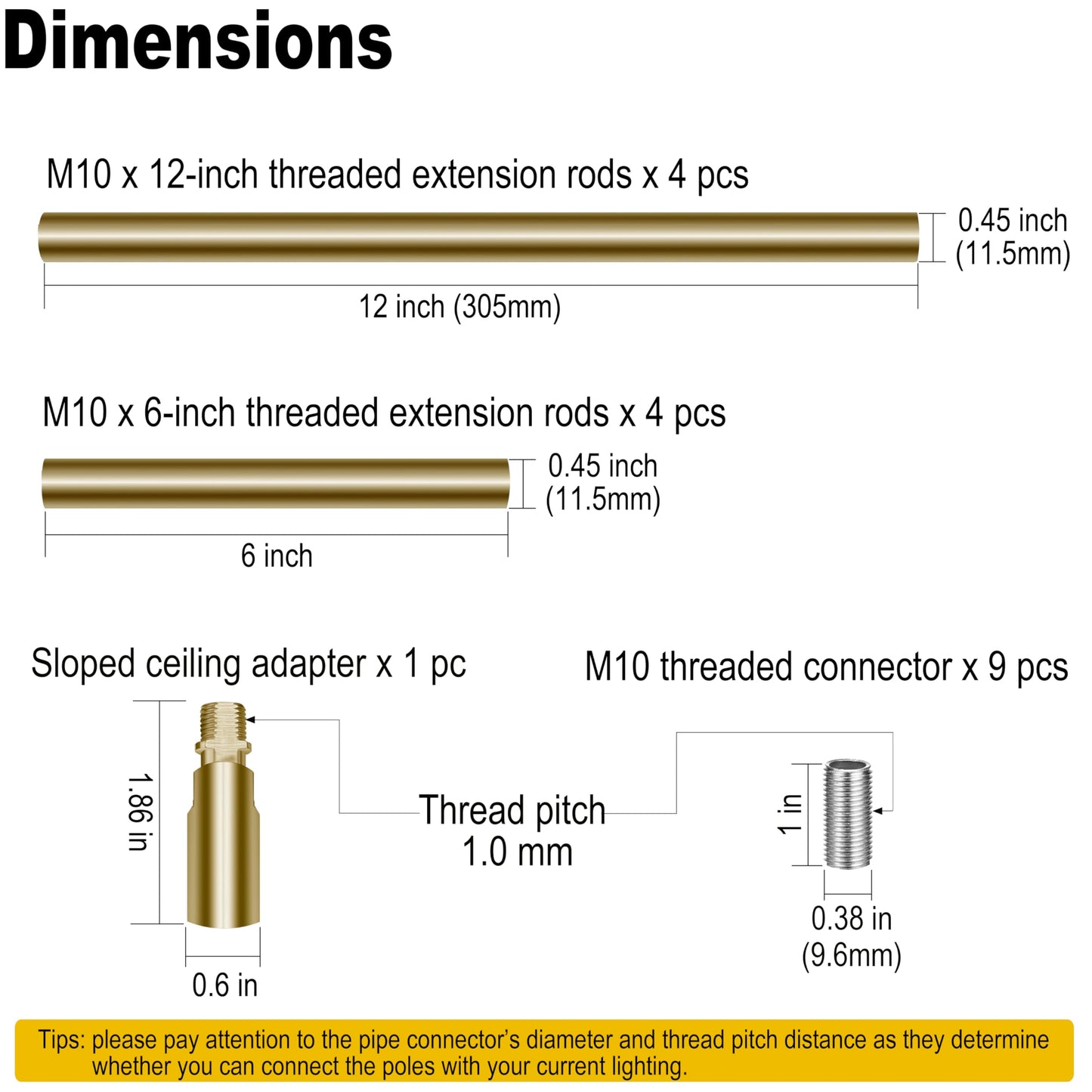 8 Pieces M10 Threaded Extension Poles Lighting Fixture Downrods Stems & 180 Degrees Sloped Ceiling Adapter Kits for Pendant Light, Island Lighting, Chandeliers (Brass)