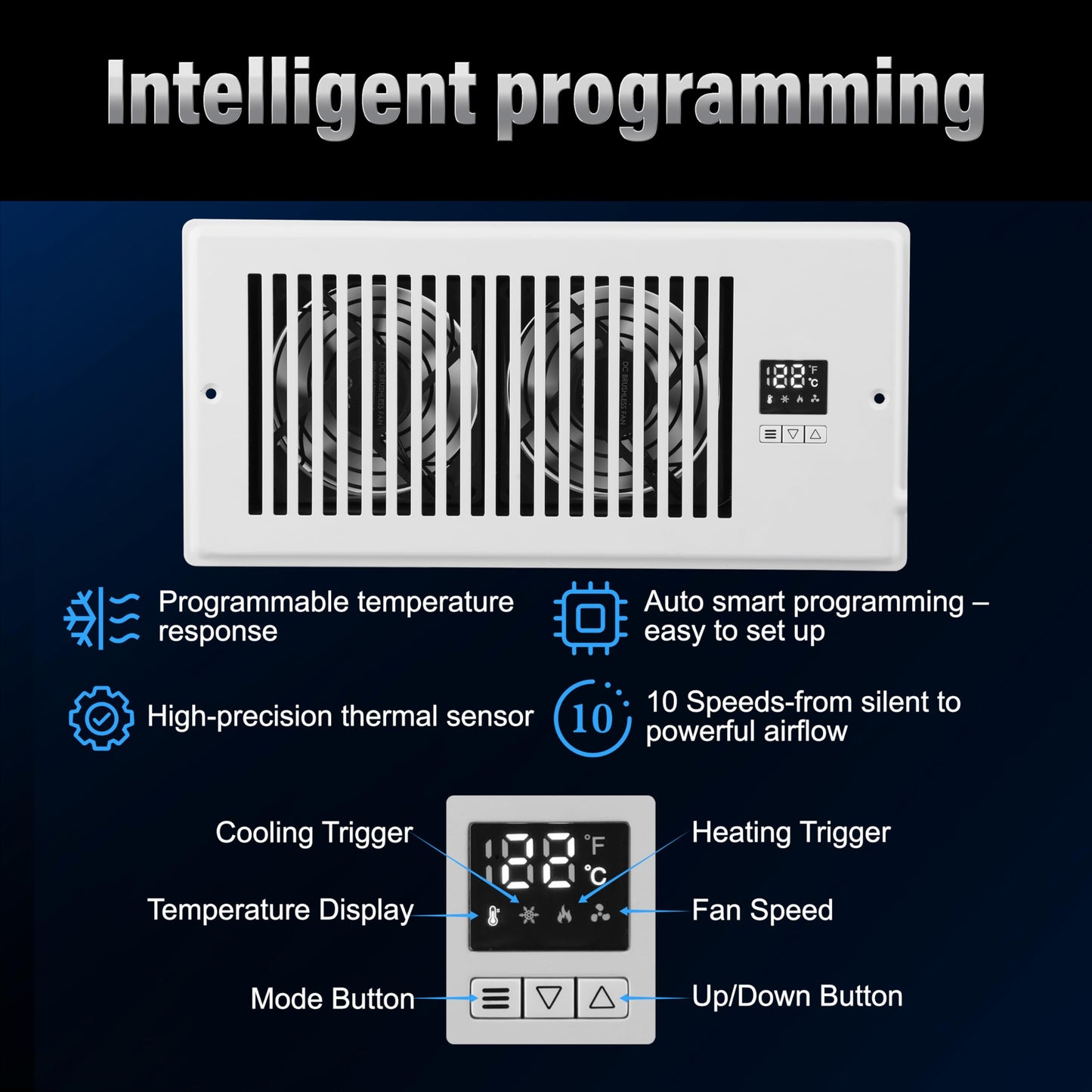 Xcity Quiet Register Booster Fan, Intelligent 4"x10" Vents, 10-speed, Air Vent Fan with Remote Control & Thermostat, Smart LED Display Ideal for HVAC, Integrated Heating & Cooling, White