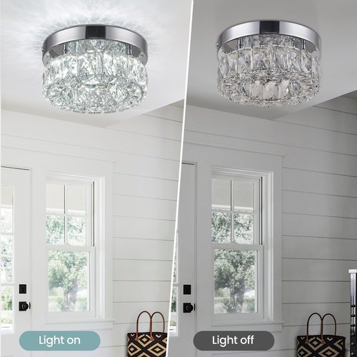 7.9 Inch Modern Mini Crystal Chandelier LED Flush Mount Ceiling Light - 16W 6000K Cool White, Round Crystal Lamp for Hallway, Kitchen, Bathroom, Bedroom, Laundry (Room) and Dining Room Lighting