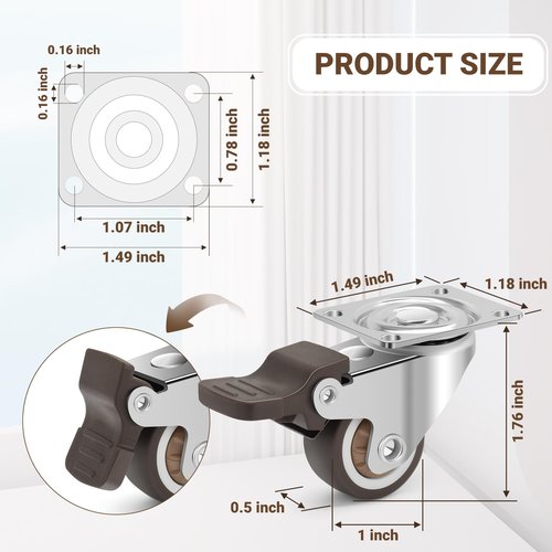 Humagineer Small Caster Wheels 1 Inch - Silent Rubber Wheel Plate 360 Degree Swivel Casters with Brakes, Furniture Wheels Planter Wheels 4 Pack, Total Capacity 100LBS