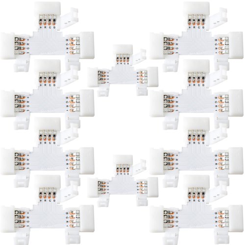 JACKYLED T Shape 4-Pin LED Connectors 10-Pack 10mm Wide Unwired Solderless Gapless Adapter Connectors Terminal Extension 12V 72W with 32pcs Clips for 5050 3528 SMD RGB LED Strip Lights