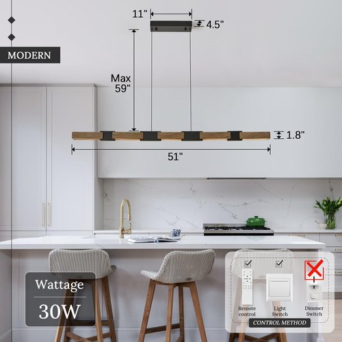 CaraLuxe 52in LED Linear Pendant Light Dimmable Black Kitchen Island Light Walnut Wood Hanging Pendant Light with Remote Control Modern Linear Chandelier for Dining Room Home Office Study Room