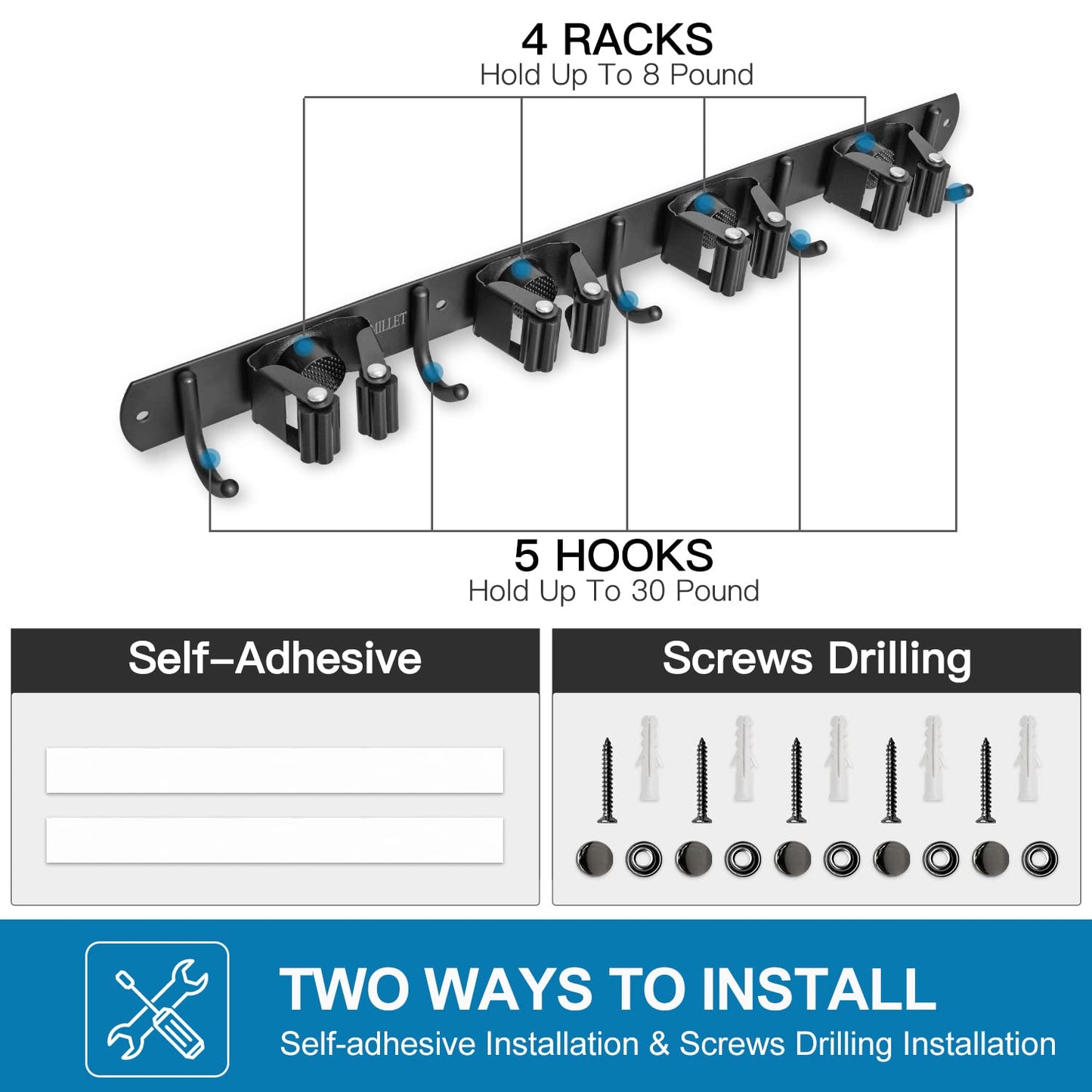 IMILLET Broom and Mop Holder Wall Mounted, Stainless Steel Broom Organizer Heavy Duty Tools Organizer Self Adhesive Mop Holder for Home Laundry Room Garage Garden (4 Racks and 5 Hooks)