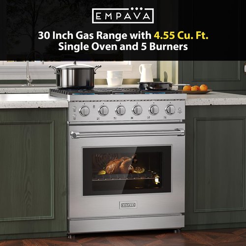 Empava Gas Range,True Convection Oven 4.55 Cu. Ft, 5 Deep Recessed Burners Cooktop, Heavy Duty Continuous Grates in Stainless Steel with Storage Drawer, Freestanding & Slide-in,30 Inch
