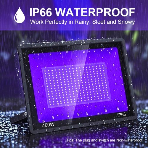 KOLTIME 2 Pack 400W LED Black Lights, Outdoor 395nm Black Flood Light with Plug and Switch, IP66 Waterproof Blacklight Spotlight UV Neon Glow Floodlight for Glow Party, Halloween, Body Paint