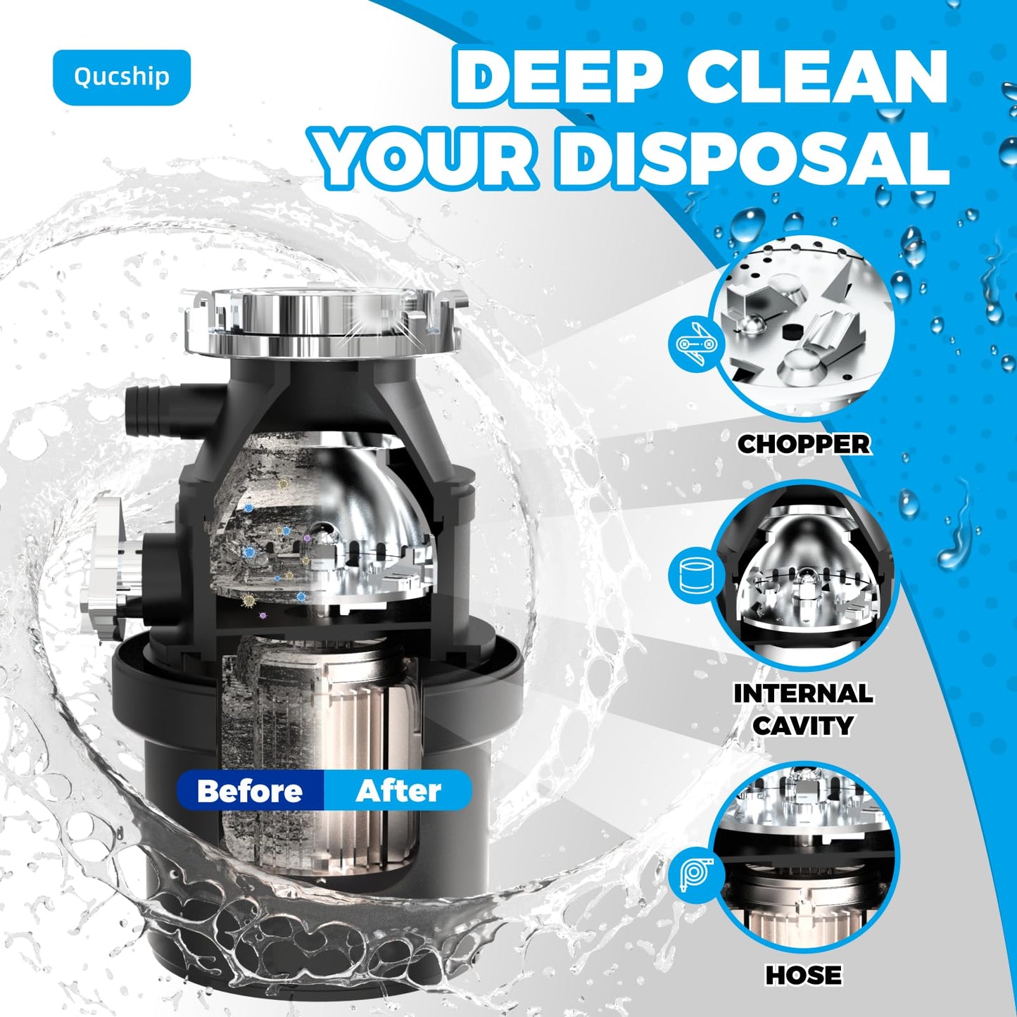 Qucship Garbage Disposal Cleaner Tablets - 12 Pack, XXL Foaming Disposal Cleaner - Powerful Deep Cleaning & Grease Remover, Septic Safe Kitchen Sink Drain Care for Maintenance