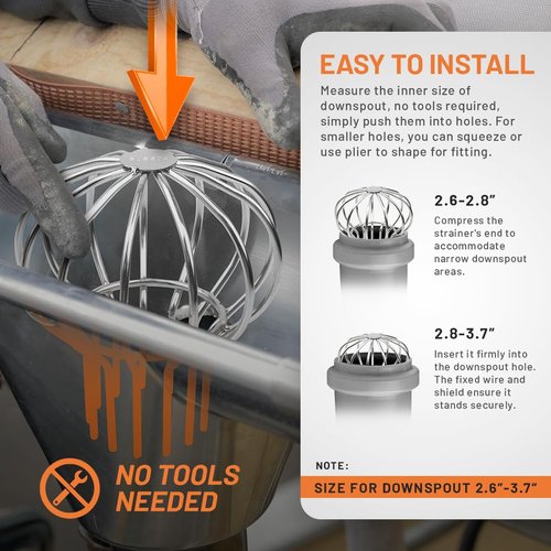 Gutter Guard (5 Pack) 304 Stainless Steel Fits for 2.6" ~ 3.7" - Downspout Filter - Leaf Guards for Gutters