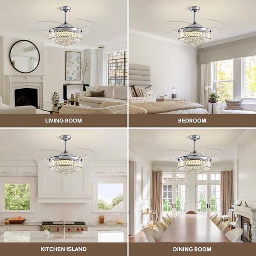 CROSSIO 48 Inch Crystal Chandelier Ceiling Fan with Light Modern Chandelier Ceiling Fan with Retractable Blades Crystal Fandelier with Remote Control 48" Chrome Fandelier for Bedroom Living Room