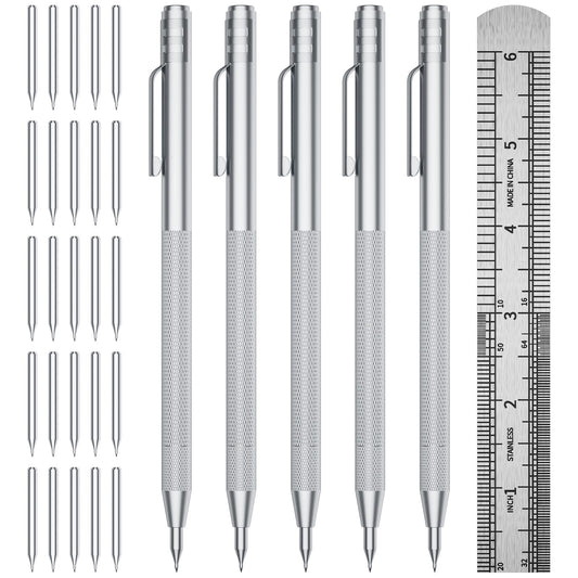 GCHMDE 5-Pack Tungsten Carbide Scriber, Metal Scribe Tool with 25 Replacement Marking Tips & Steel Ruler - Knurled Aluminum Handle & Magnet, Engraving Pen for Glass/Ceramics/Metal Sheet (5)