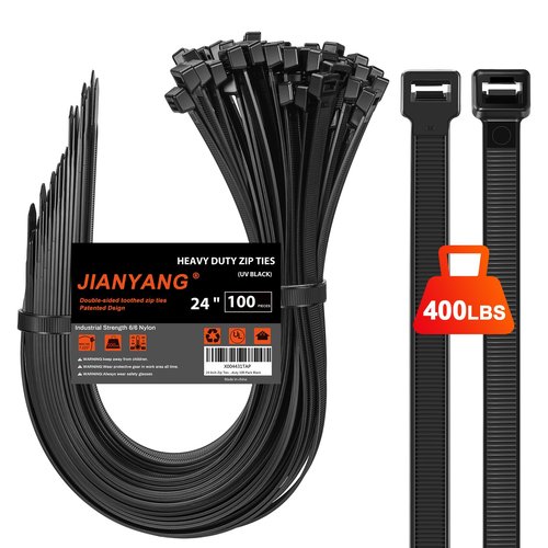 Long Zip Ties Heavy Duty 24 inch，400 LBS Tensile Strength With Double Sided Toothed Super Durable Cable Ties ，Extra Large Wire Ties Adjustable Nylon Tie Wraps for Indoor Outdoor （100 Pack Black）