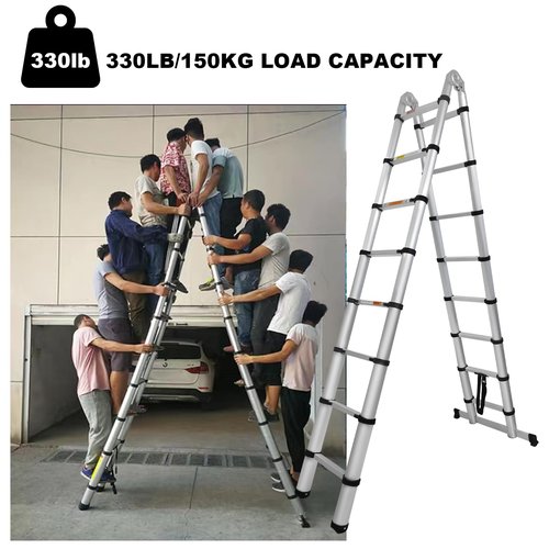 8.2ft+8.2ft Aluminum Telescoping Extension Ladder 330lbs Max Load Portable Multi-Purpose Extension A-Frame Ladder for Indoors Outdoors with Stabilisator Bar, Closed Height 34in, EN 313, Silver