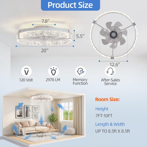 SIYOMG Low Profile Ceiling Fan with Light and Remote - 19.7'' Smart Fan, with Remote Control/WiFi/APP, 6 Speed Settings, Dimmable 3000K-6000K LED, Flush Mount Ceiling Fan for Bedroom(White)