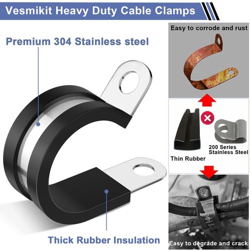Cable Clamps—112 PCS 10 Sizes-1/4" 5/16" 3/8" 1/2" 5/8" 3/4" 1" 1-1/4" 1-1/2" 1-3/4" Stainless Steel Pipe Clamp Assortment Kit Rubber Cushion Insulated Wire Clamps for Hose,Tube,Automotive,Fuel Line