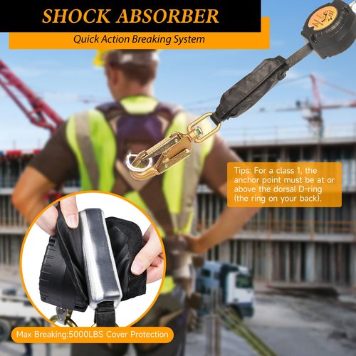 TRSMIMA Fall Protection Retractable Lanyard - 6FT Construction Self-Retracting Lanyard Fall Arrest Safety Roofing Heavy Duty Leading Positioning ANSI OSHA Class B