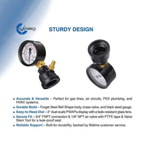 CARBO Instruments Gas Test Pressure Gauge 30 Pound, 30 PSI / 200 kPa, 3/4” FNPT Connection, Brass Valve, Forged Steel Bell Shape Body Assembly.