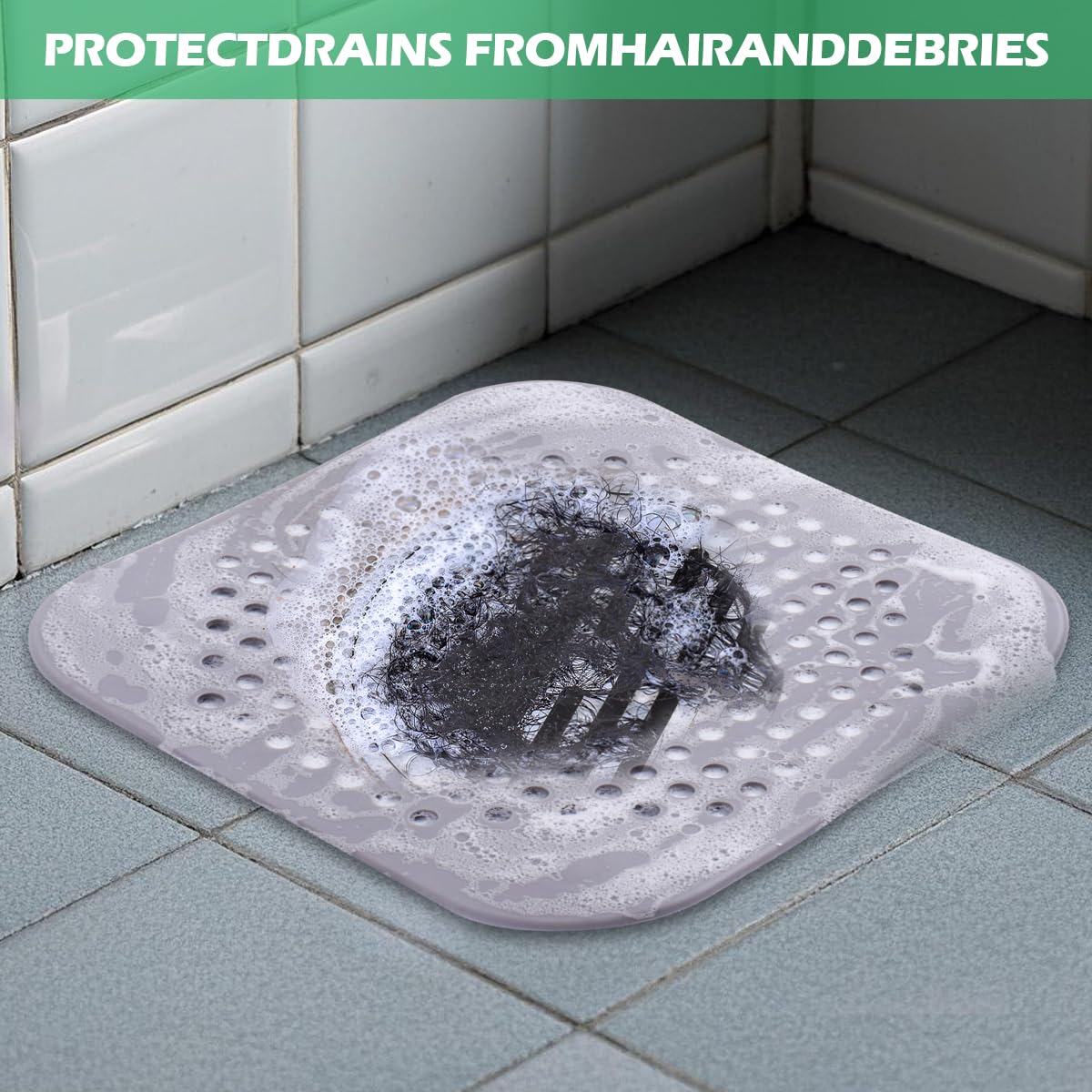 3 Pack Hair Catcher Drain Cover with 4 Suction Cups, 5.7x5.7 Inch TPR Square Sink Strainer for Bathroom, Kitchen, Shower & Tub, Durable, Easy to Clean, Grey