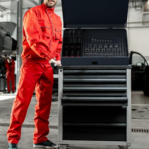 Hymula Portable Weather-Resistant Triangle Steel Toolbox with Lock, 16-Gauge Multi-Tier SAE & Metric Chest, Pull-Out Drawer for Truck, 36.8"W x 17.5"D x 21.6"H