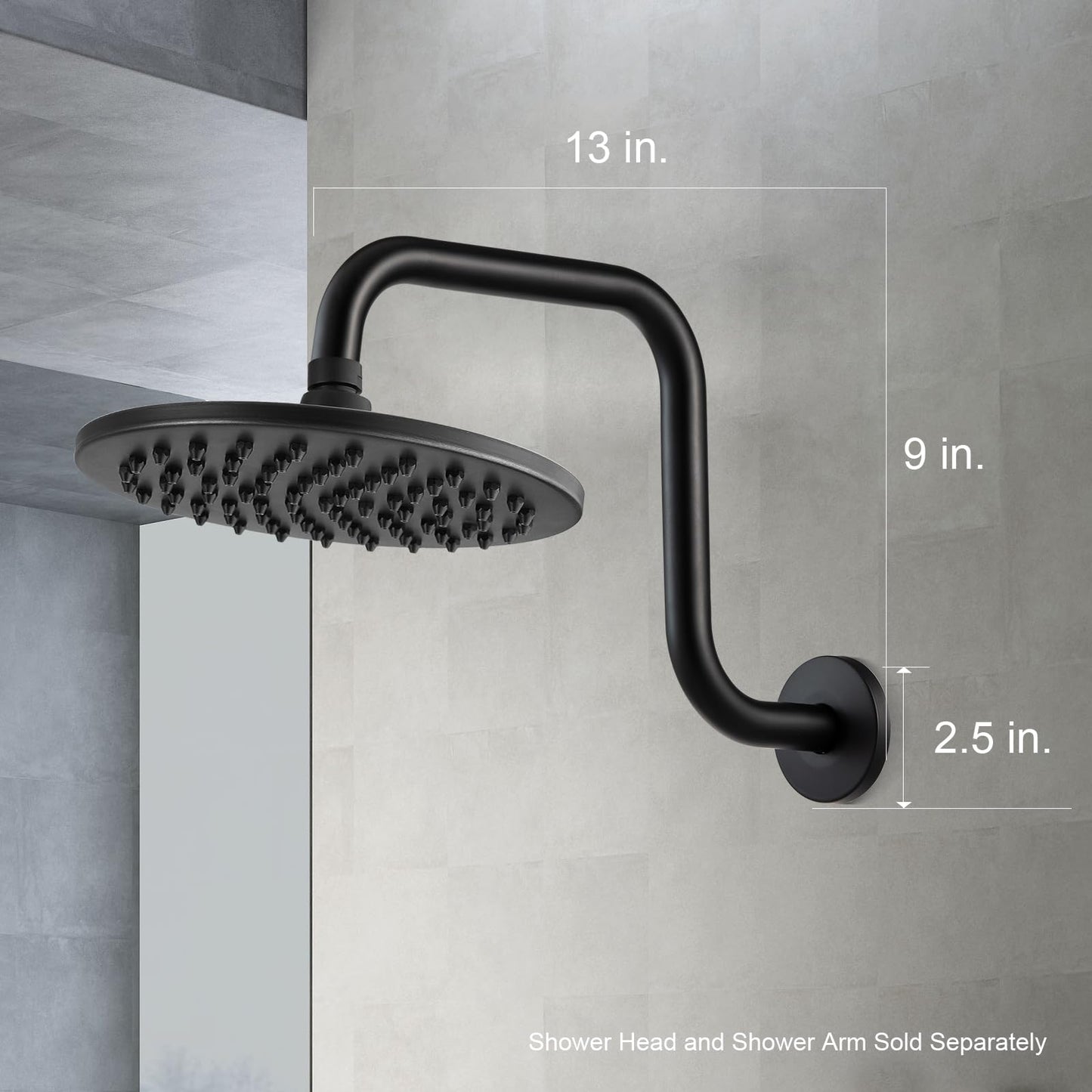 OFFO Shower Head Extension Arm 13 in, S Shaped High Rise Extender with Flange Shower Head Pipe Arm, Matte Black