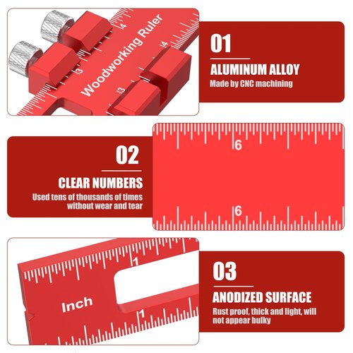 3PCS Woodworking Precision Ruler Set 6 8 12 Inch Procision Marking Ruler with Slide Stop Aluminum Rule for Pocket Marking Measuring