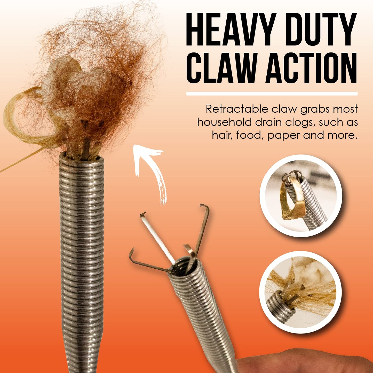 Pistol Grip Grabber Claw, Drain Clog Pickup Snake, Remove Hair and Clogs from Sink, Shower, Tub, Toilet Drains, 2-Ft