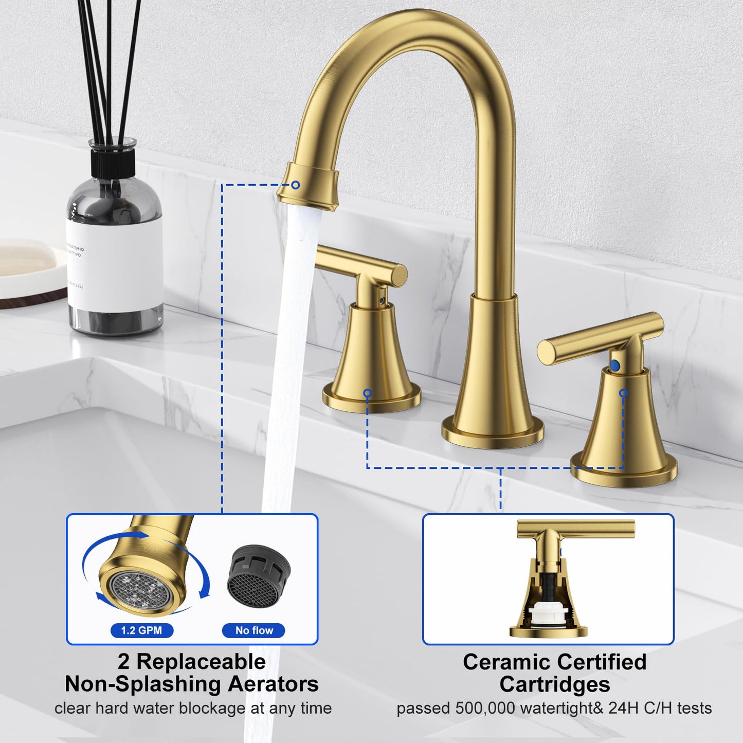Bathroom Faucets for Sink 3 Hole, Hurran Brushed Gold Bathroom Sink Faucet with Pop-up Drain and Supply Lines, Stainless Steel Lead-Free Widespread Faucet for Vanity RV Farmhouse Sink