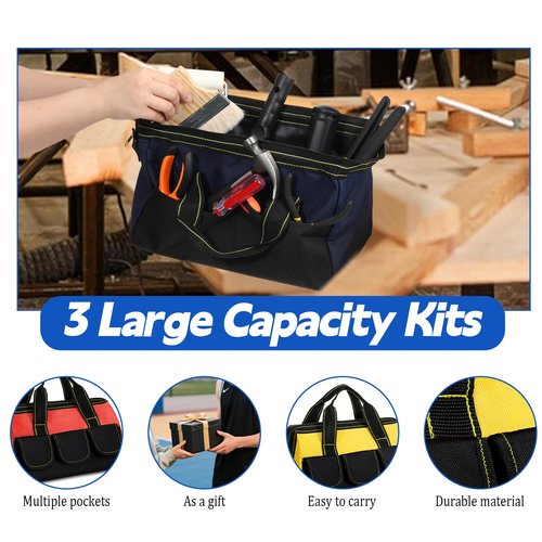 JJUNW 3 Pack Tool Bags for Men, Wide Mouth Tool Tote Bag with Waterproof Base, Heavy Duty Tools Storage Bag for Electrician Carpenter Mechanic (13 Inch,Blue, Red, Yellow)