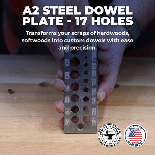 DFM Tool Works Doweling Tool - Premium Dowel Maker Tool, Versatile Dowel Plate, High-Grade A2 Steel for Woodworking, Made in USA - English 17 Holes, Multi-Size