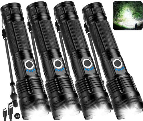 Kmivo Rechargeable LED Flashlights High Lumens - 4 Pack 990,000LM Super Bright Flashlight, Adjustable Powerful Flash Light with 5 Modes, Waterproof Handheld Flashlight for Home