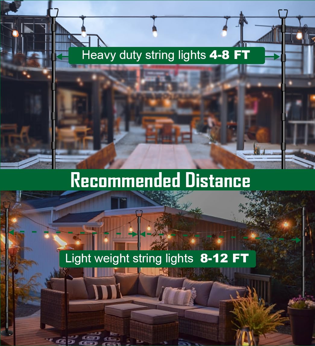 Tigerden 10Ft String Light Poles for Outside - 2 Pack Adjustable Metal Poles for Outdoor String Lights, Rustproof & Sturdy Light Stand Posts for Patio, Backyard, Deck, Garden, Party Decorations