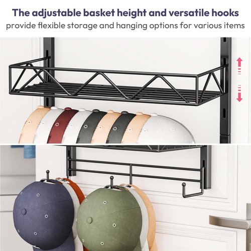 SWTYMIKI Over Door Hat Organizer - 3 Tier Wall Mounted Hat Rack with 2 Adjustable Metal Basket and 3 Hooks, Hanging Baseball Cap Organizer Storage Holds up to 29 Caps for Door, Bedroom, Closet