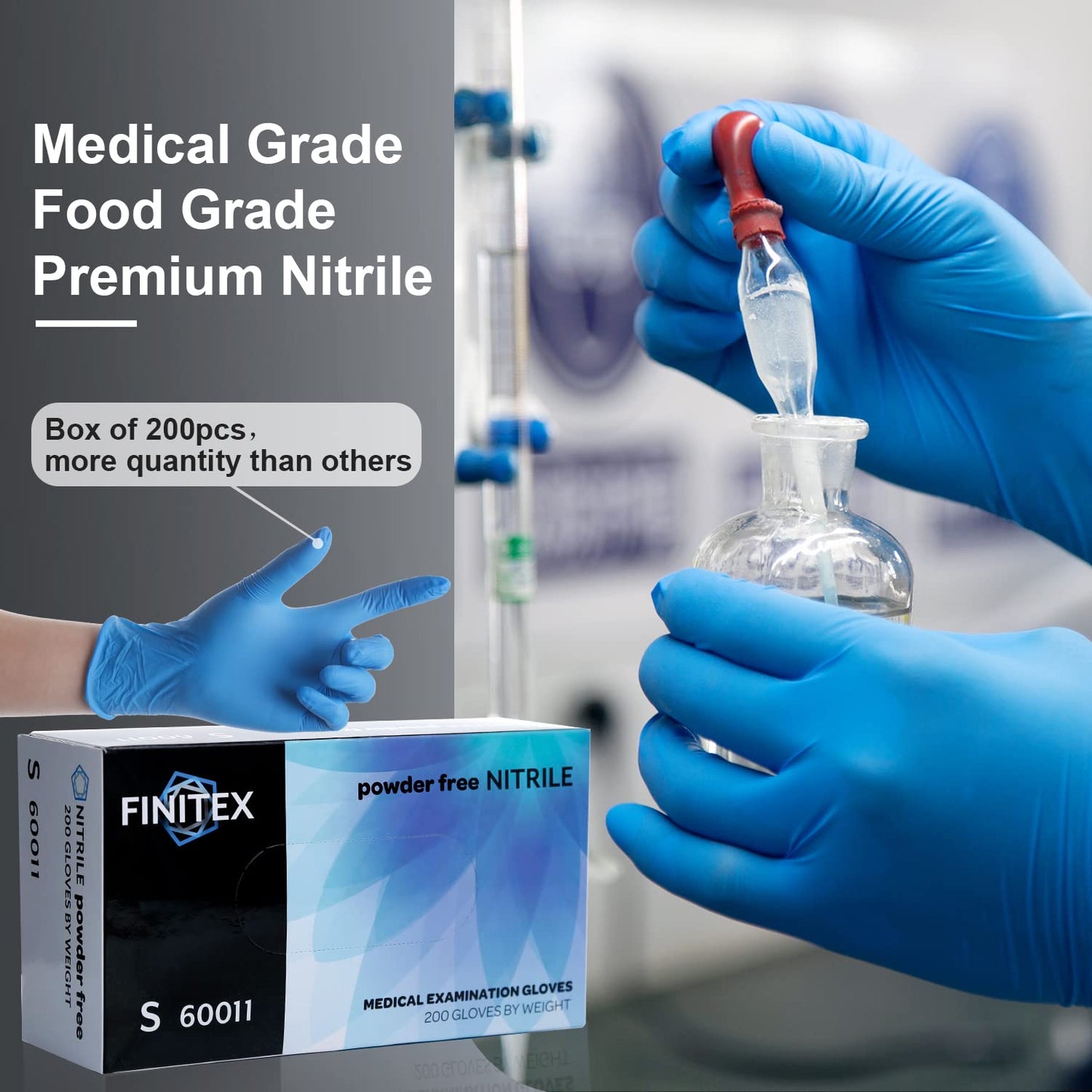FINITEX Blue Disposable Nitrile Exam Gloves - 200 PCS/BOX 3.5mil Rubber Powder-Free Latex-Free Medical Examination Home Cleaning Food Gloves, MEDIUM