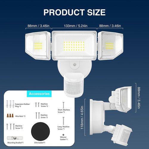 Abovizo 85W LED Security Lights Motion Sensor Light Outdoor, 8500LM Dusk to Dawn, IP65 Waterproof, 6500K, 3 Head Motion Detected Flood Light, Floodlight for Outside, Garage, Yard, Porch (White)